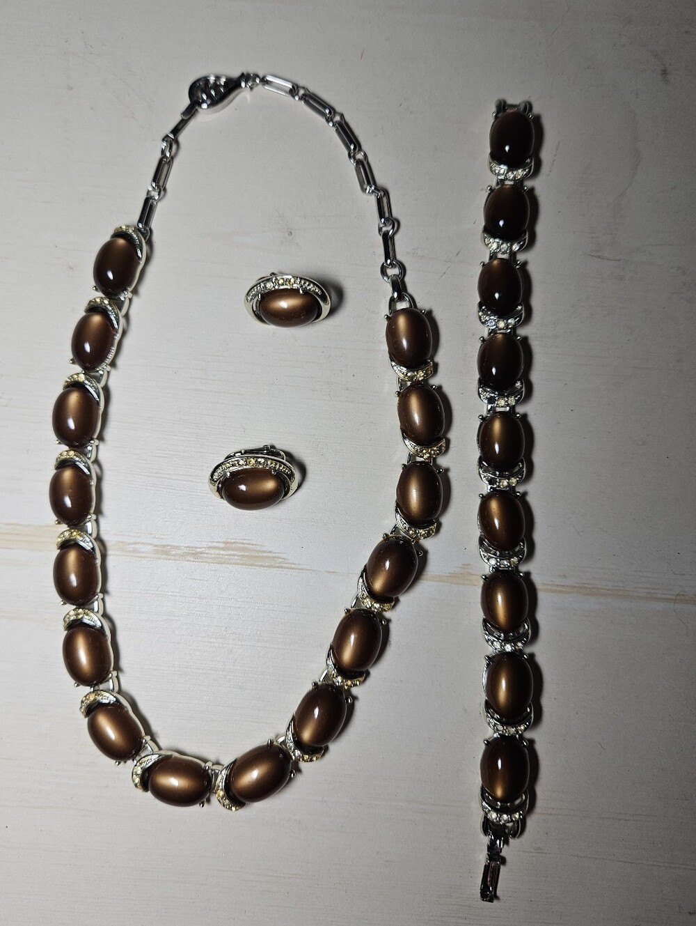 Vintage Signed CORO Sterling Silver 3-Pc Parure Set Brown Moonstone Rhinestone